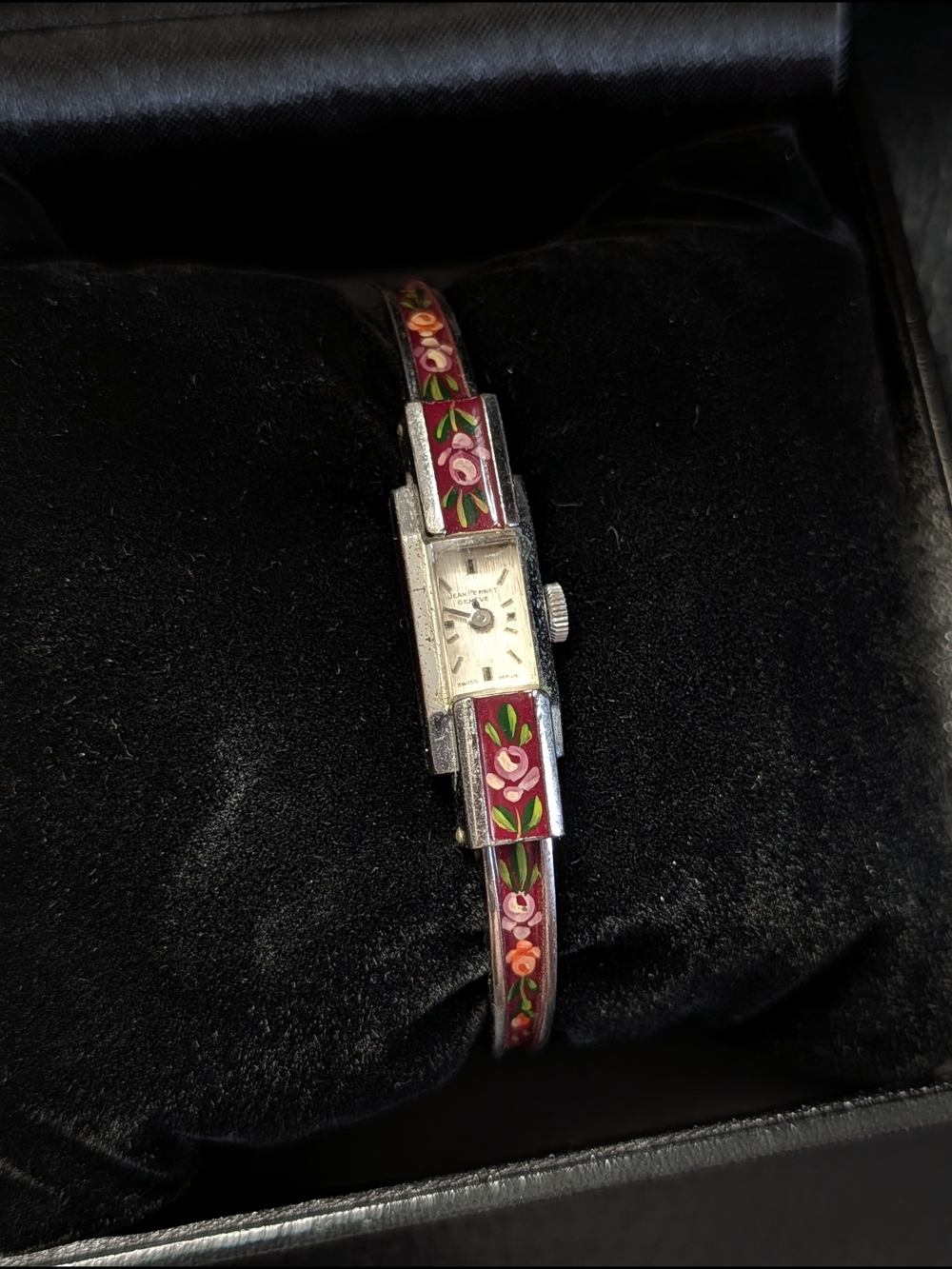 JEAN PERRET Vintage Floral Enamel Bangle Bracelet Mechanical Wrist Watch